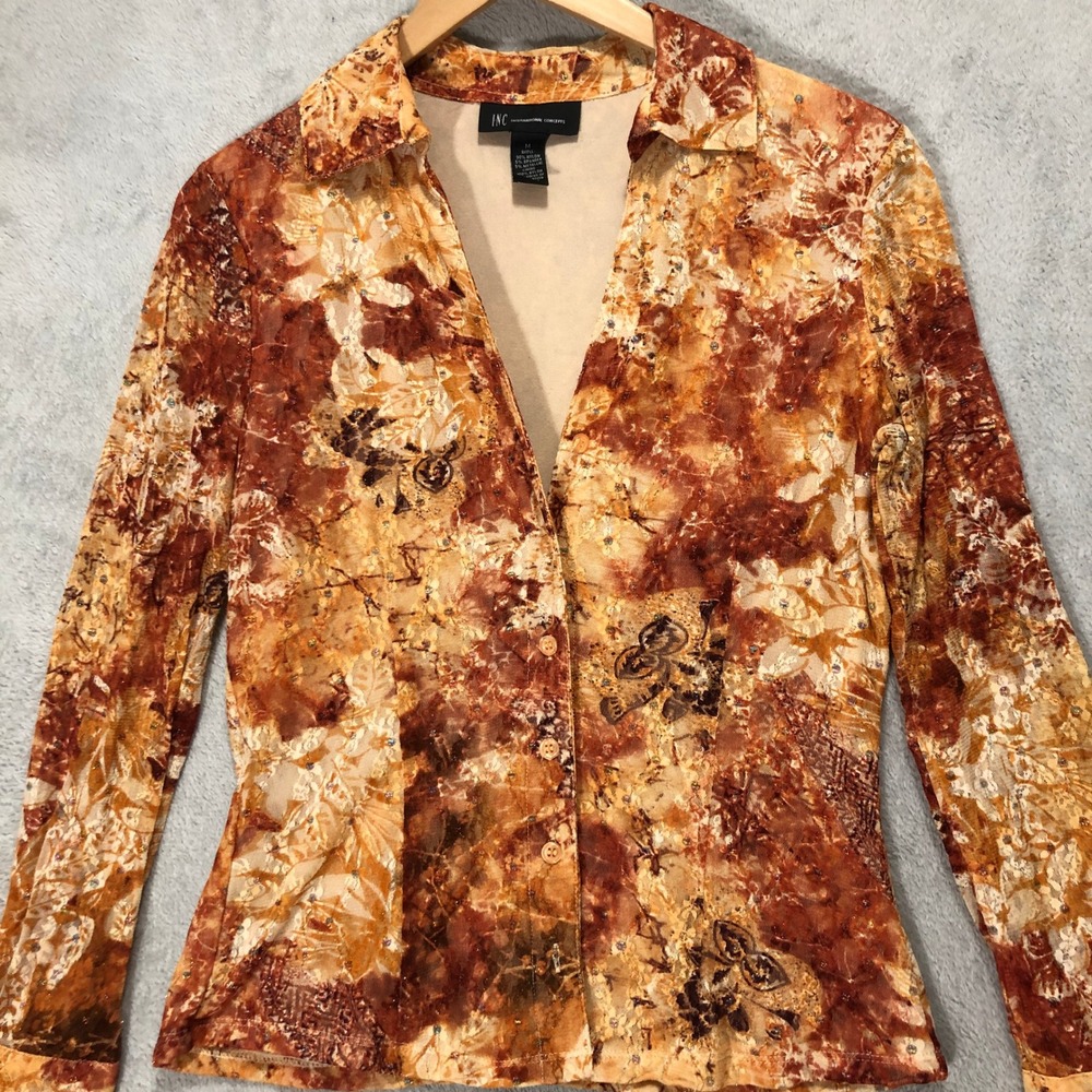 INC Sheer Floral Blouse Long Sleeve Button Down Top‎ Brown Orange M